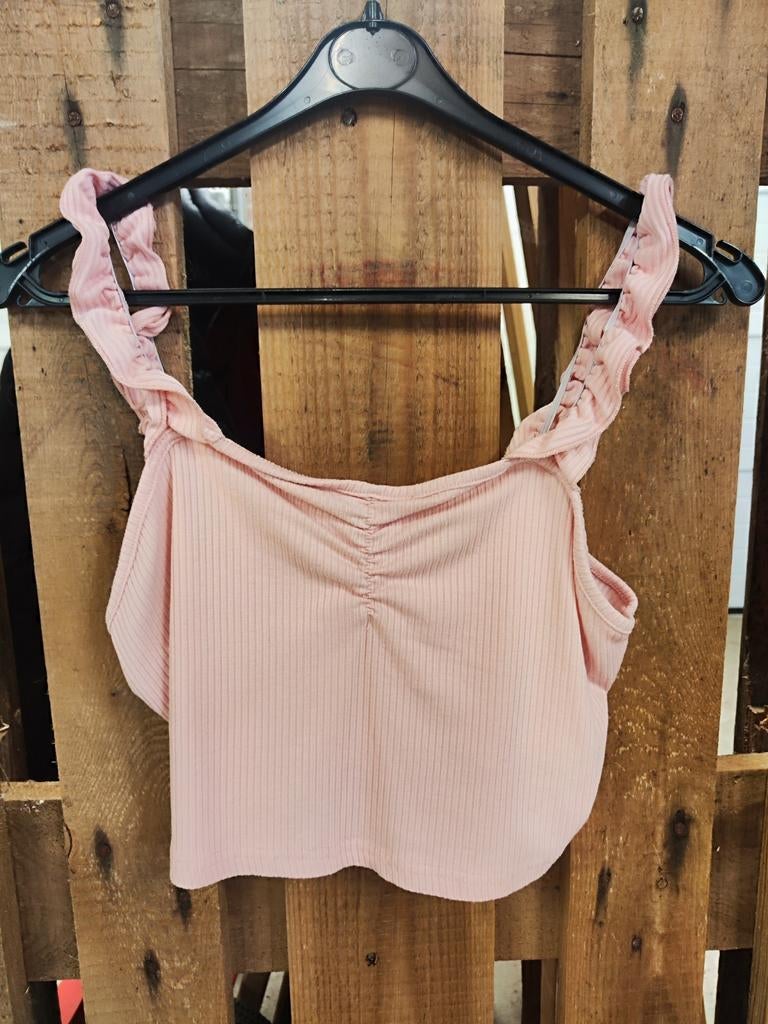 Roze geribbelde crop top met ruches, Ophalen of Verzenden, Roze, Onbekend, Zo goed als nieuw