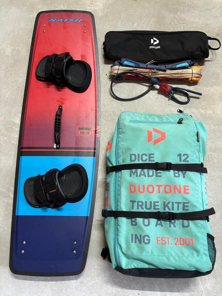 Duotone Dice 12m + Naish Hero 140x43 + Duotone Bar, Ophalen, Gebruikt, Kitesurf-set, Twintip