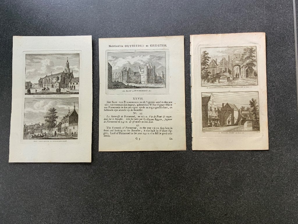 7 originele gravures Purmerend, Verzenden, Stadsgezicht, Gravure, Blanco verso