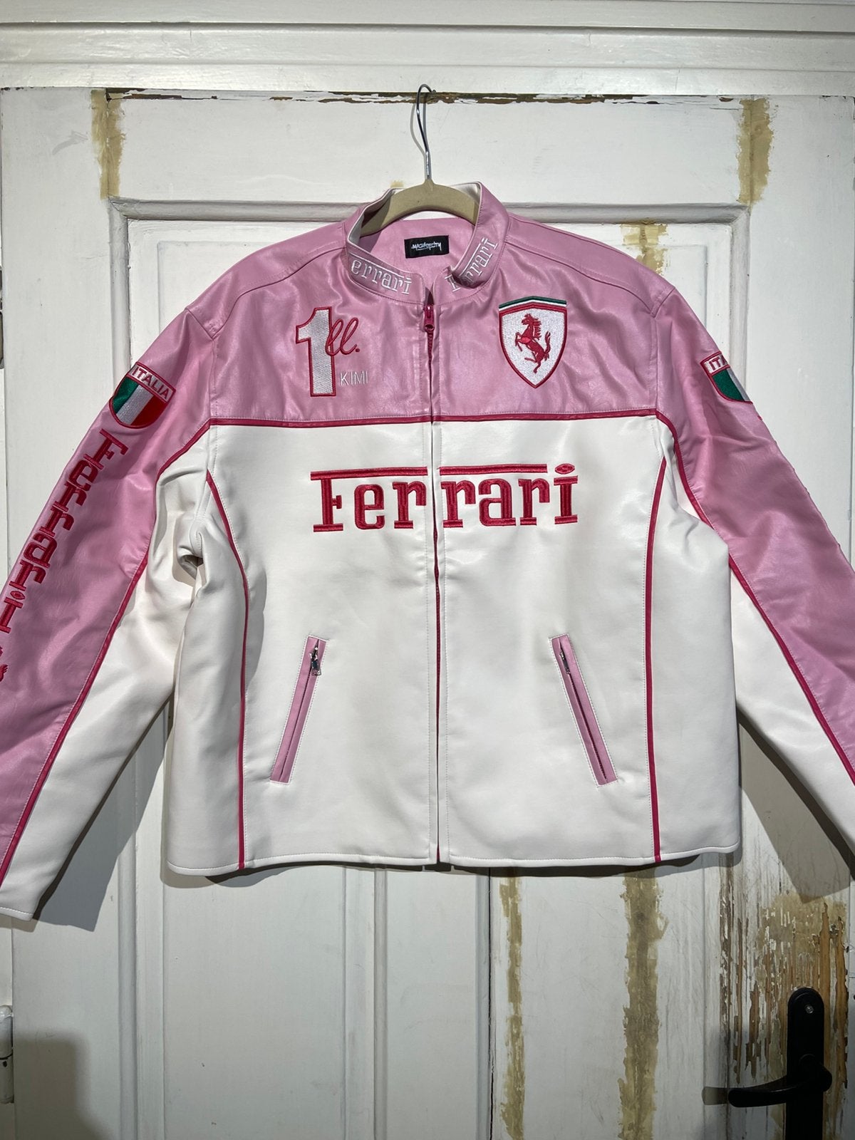 Roze Ferrari Racing-jas (maat XL) Lederlook Vintage, Ophalen of Verzenden, Zo goed als nieuw, Maat 56/58 (XL), Roze