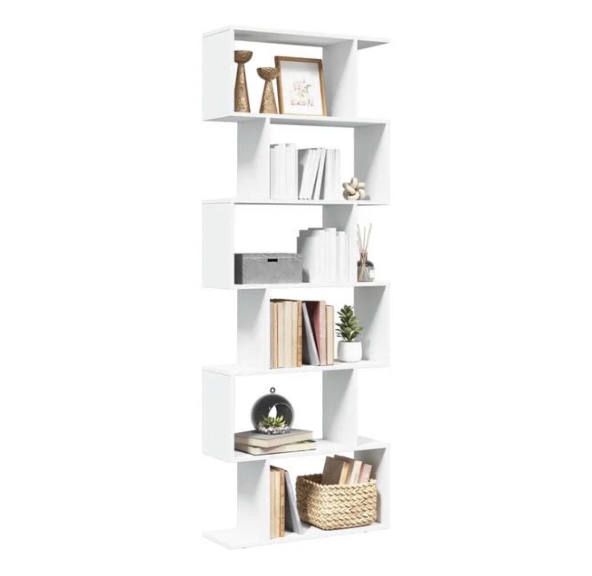 Moderne witte zigzag boekenkast met 6 vakken, Ophalen, Met plank(en), Minder dan 50 cm, 200 cm of meer