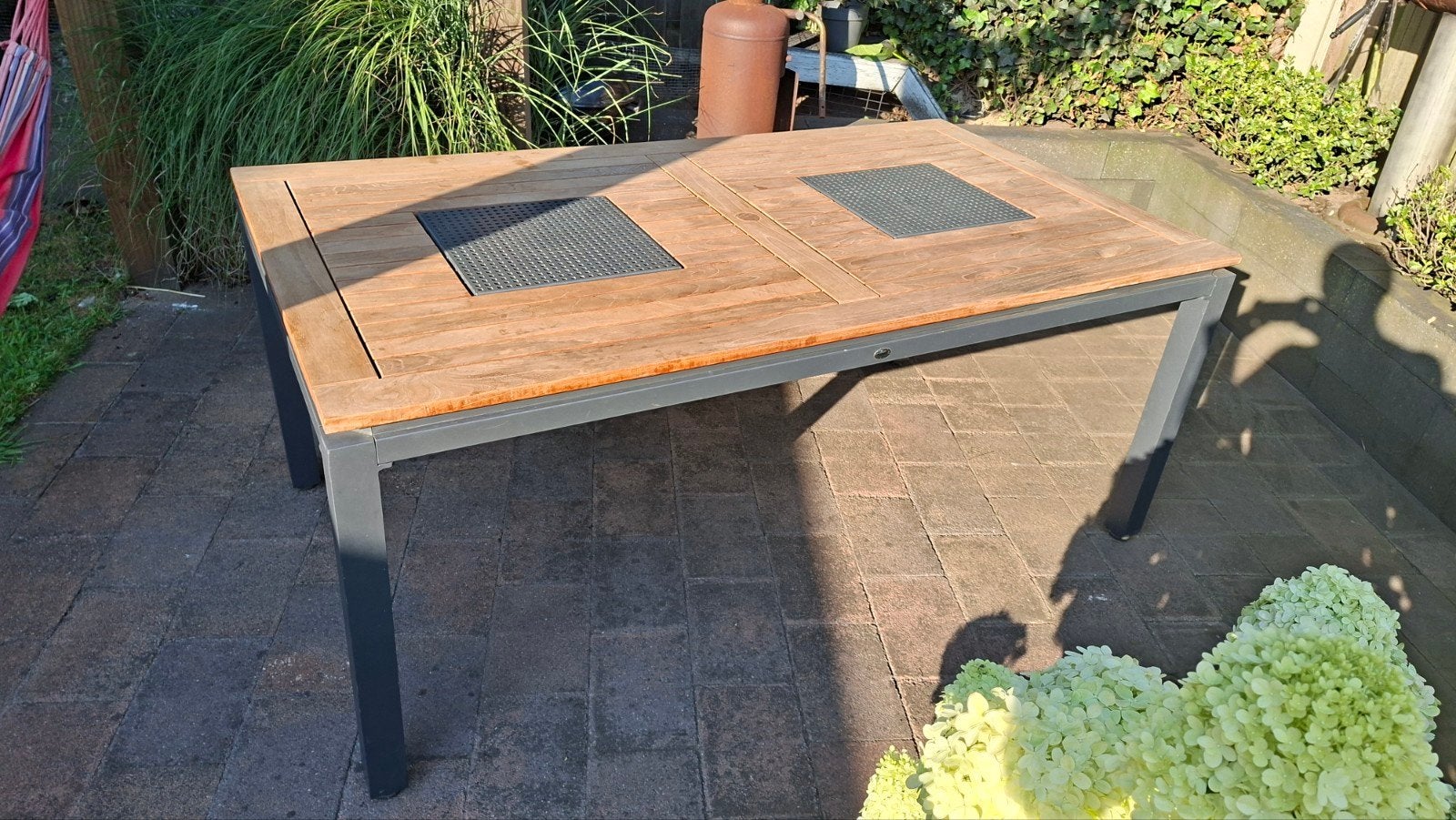 Hartman tuintafel 180x100x75 cm met teakhouten blad, Ophalen, Zo goed als nieuw, Rechthoekig, Teakhout