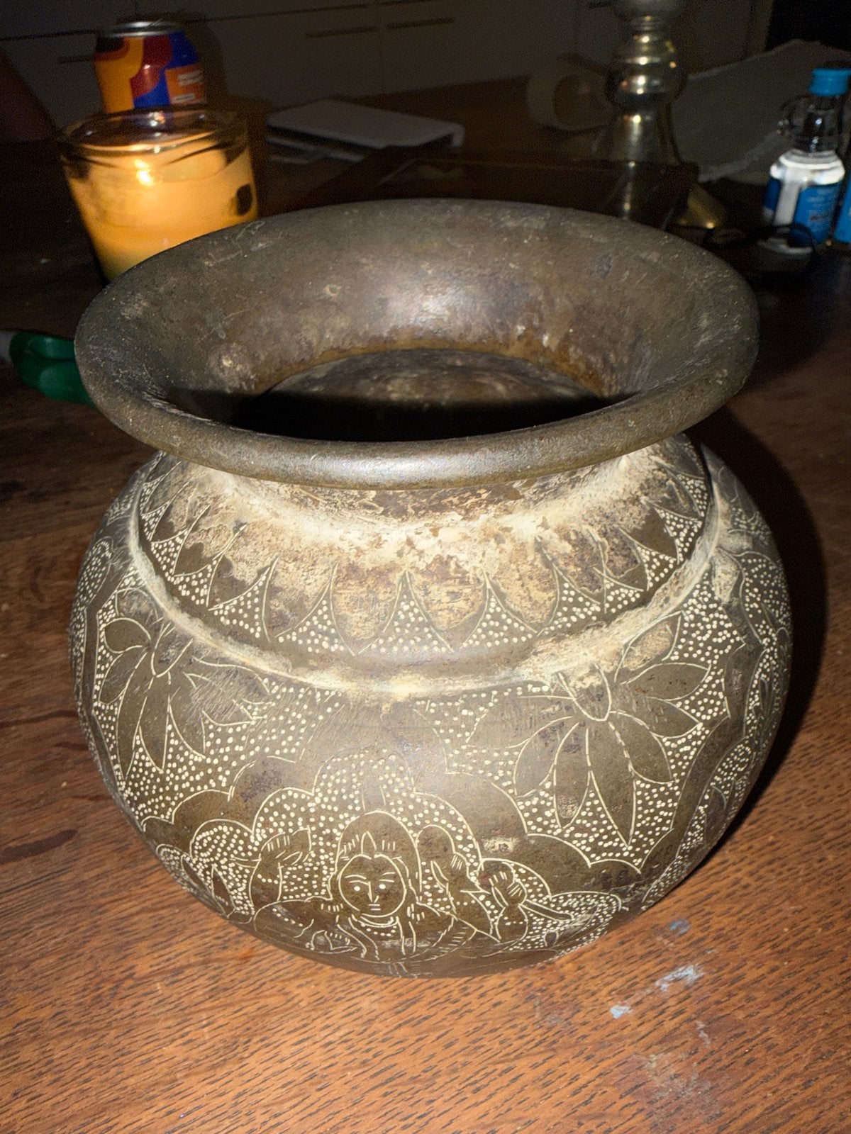 Antieke bronzen pot met gravures, Ophalen of Verzenden