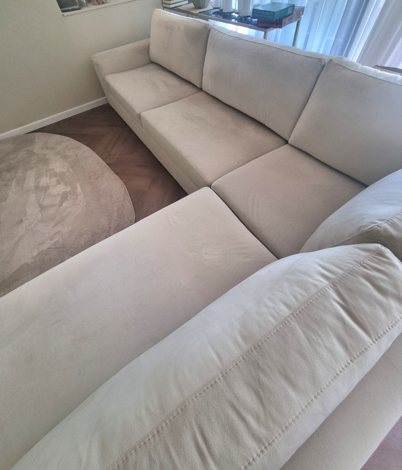 Moderne beige bankstel, nog in perfecte staat, Huis en Inrichting, Ophalen, 100 tot 125 cm, Hoekbank, 300 cm of meer