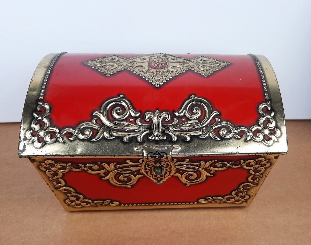 b001-Groot blik, rood en goud, mooie schatkist., Ophalen of Verzenden, Gebruikt, Overige, Overige merken