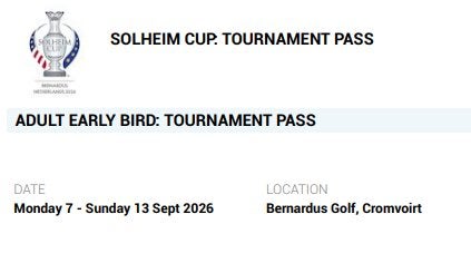 4x Solheim Cup 2026 (week) Tournament tickets, Tickets en Kaartjes, Sport | Overige, Drie personen of meer, Maart
