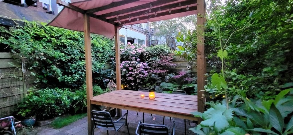 Grote houten tuintafel 220 cm met pergola, Tuin en Terras, Tuintafels, Ophalen, Gebruikt, Rechthoekig, Hout