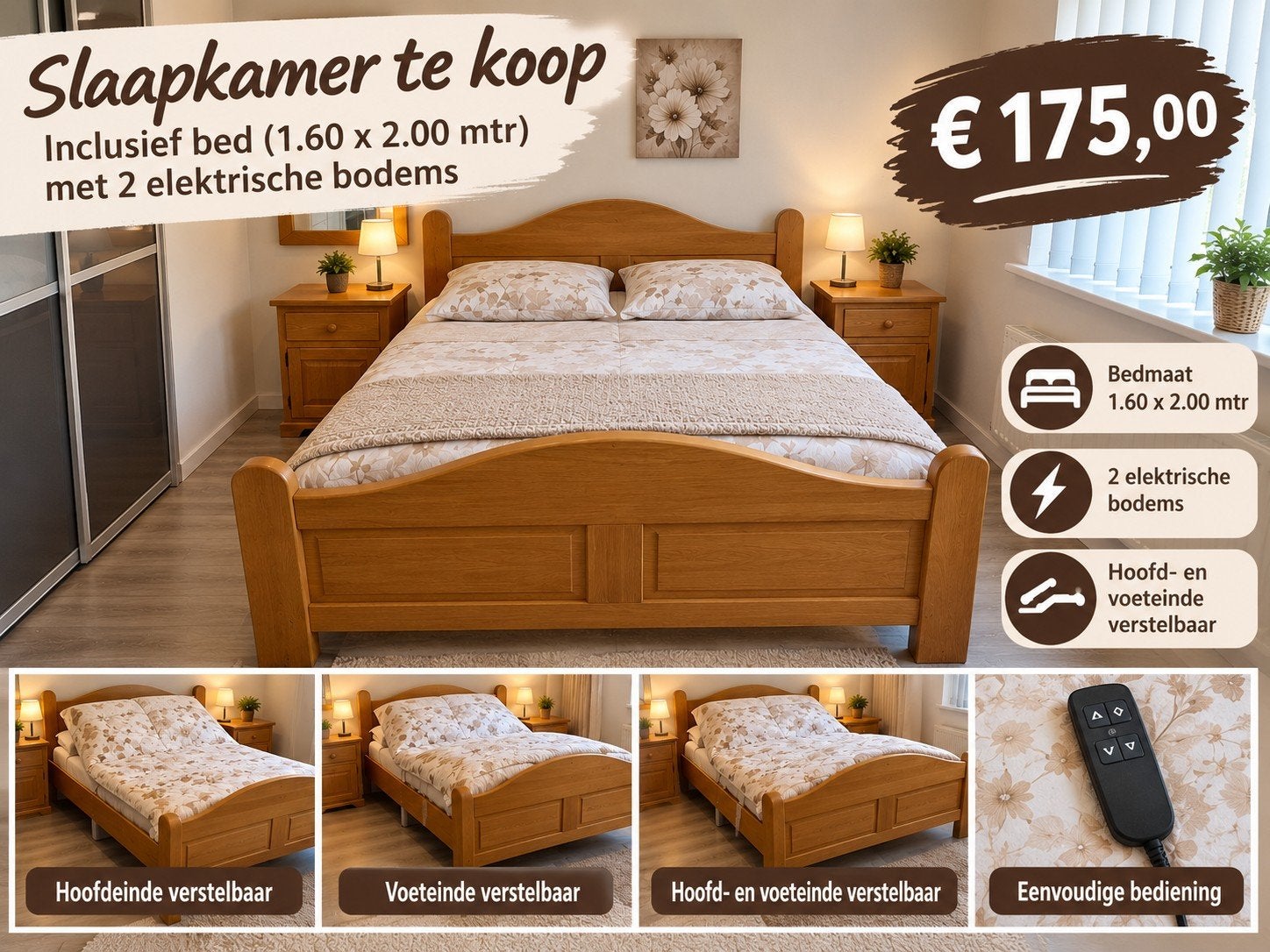 Eiken slaapkamer, Ophalen, Tweepersoons, Bruin, Hout