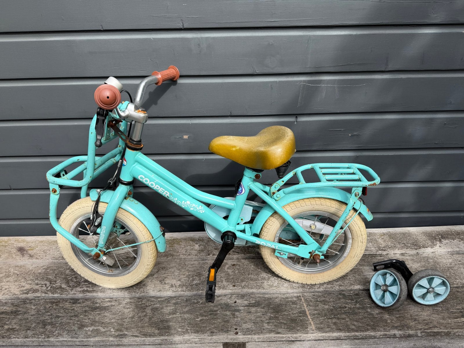 Kinderfiets 12” blauw-mintgroen-aqua met zijwielen t.e.a.b., Ophalen, Terugtraprem, Zijwieltjes, Gebruikt