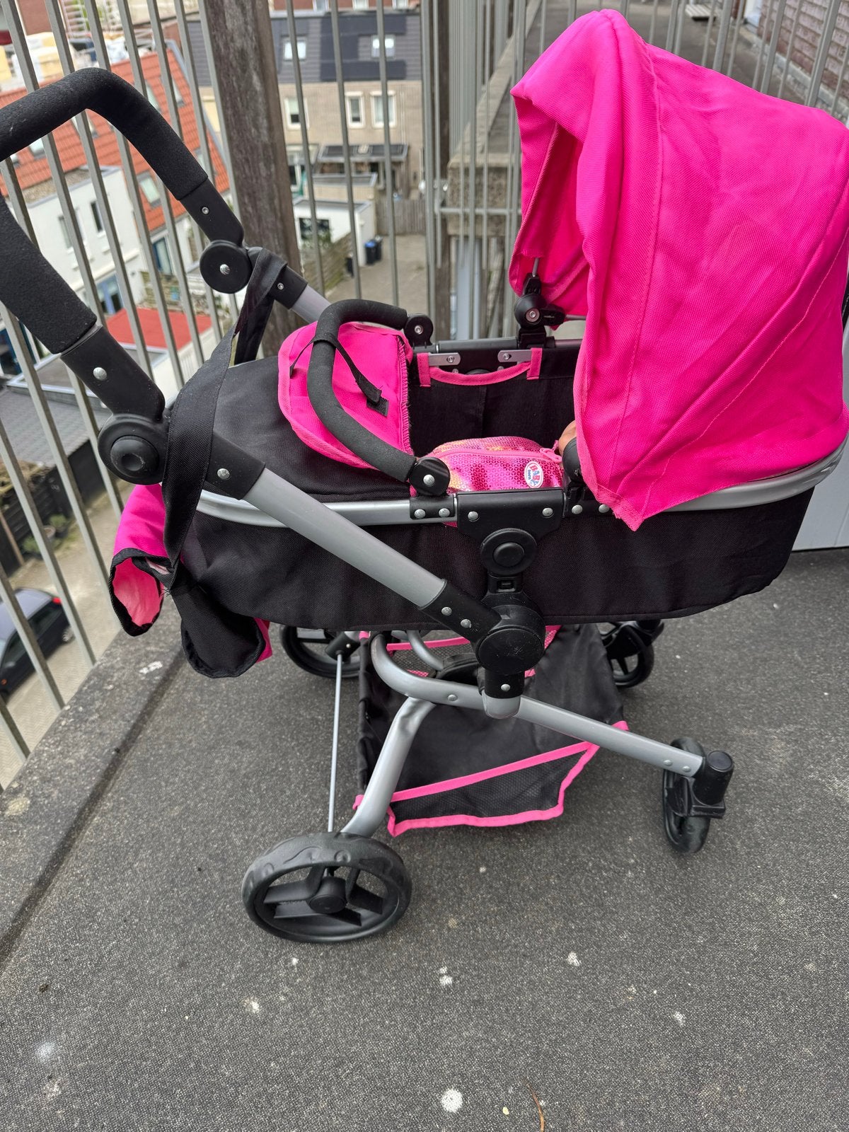 Roze poppenwagen met reiswieg en verstelbare duwstang, Gebruikt, Combiwagen, Met reiswieg, Ophalen
