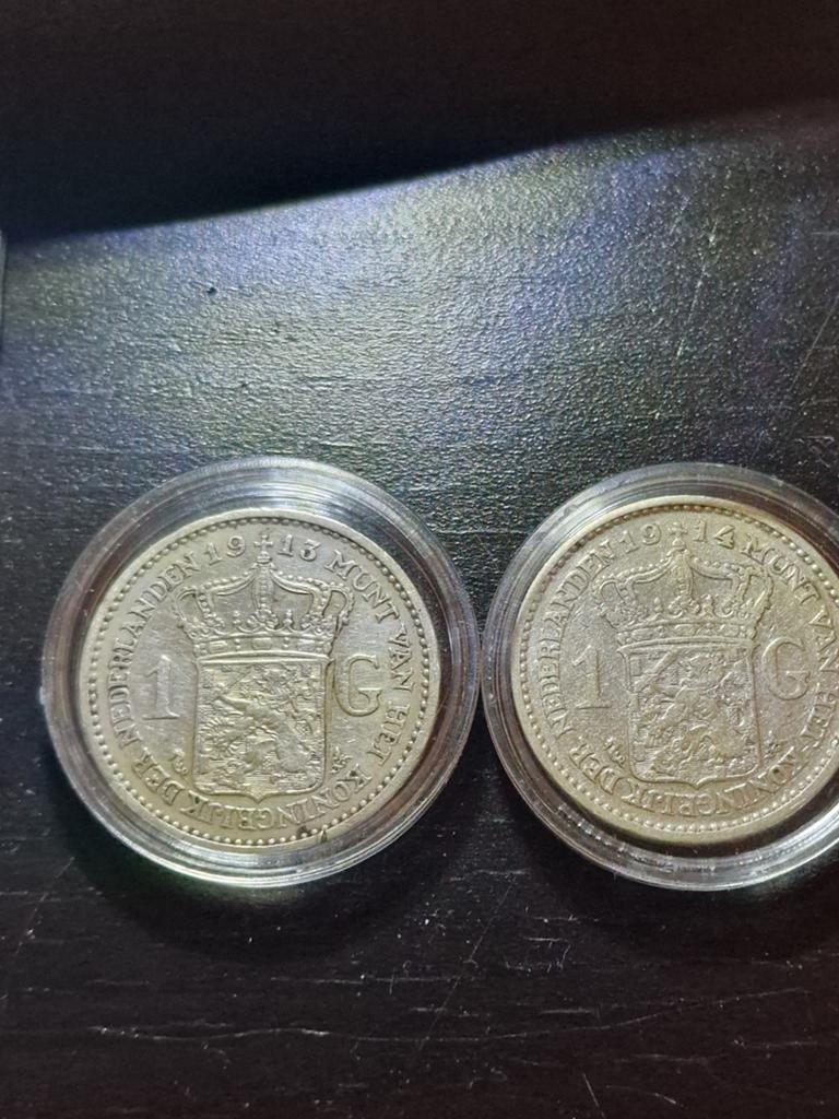Zilveren gulden 1913 en 1914, Postzegels en Munten, Munten | Nederland, Ophalen of Verzenden, Koningin Wilhelmina, 1 gulden, Zilver