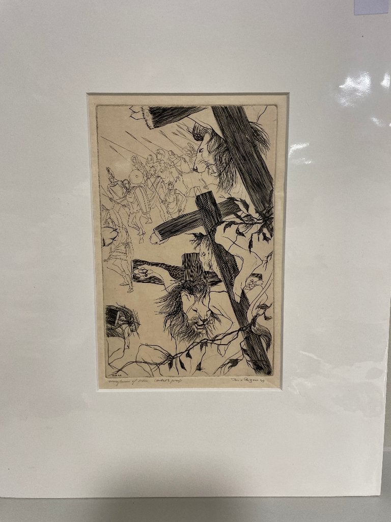 Ru van Rossem -  crucifixion of Lions   ets uit 1949, Ets, Gesigneerd, Ophalen of Verzenden, 11 cm