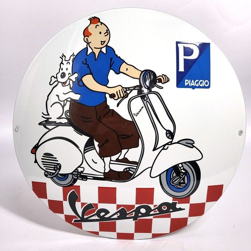 Kuifje op een Vespa emaillen reclame decoratie bord verzamel, Ophalen of Verzenden, Zo goed als nieuw, Reclamebord