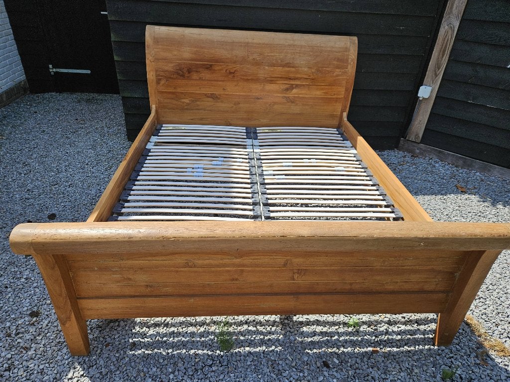 Teakhouten 2 persoonbed, Ophalen, Gebruikt, Bruin, 210 cm