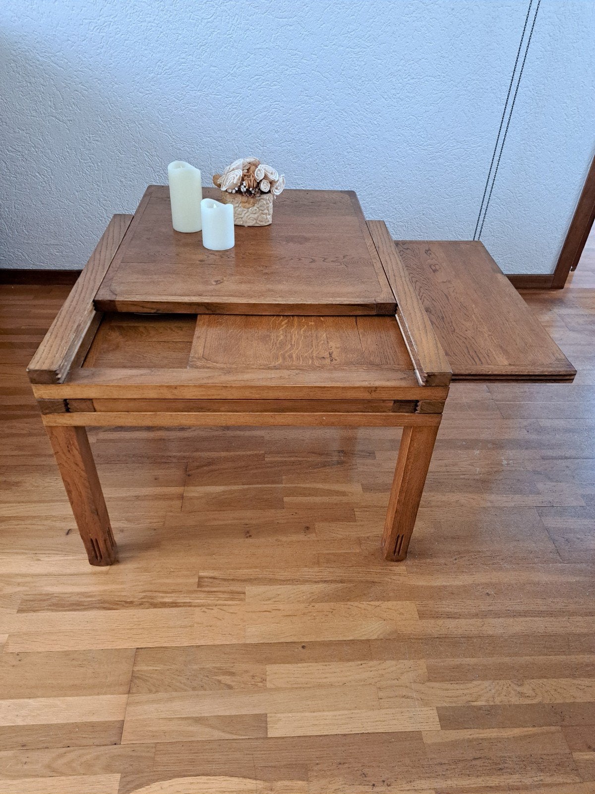 Vintage handgemaakte salontafel, uitschuifbare bladen, Ophalen