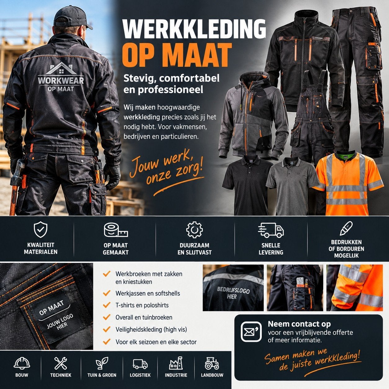 Werkkleding op Maat: Stevig, Comfortabel en Professioneel, Ophalen of Verzenden