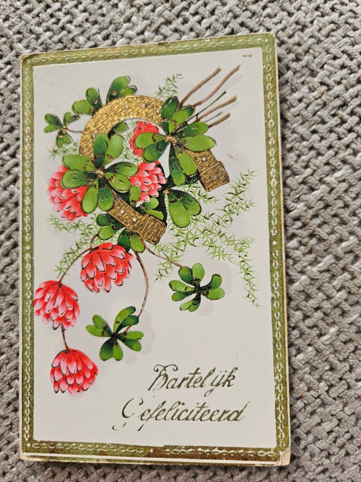 brocante goud hoefijzer Hartelijk Gefeliciteerd met klavertj, Ophalen of Verzenden