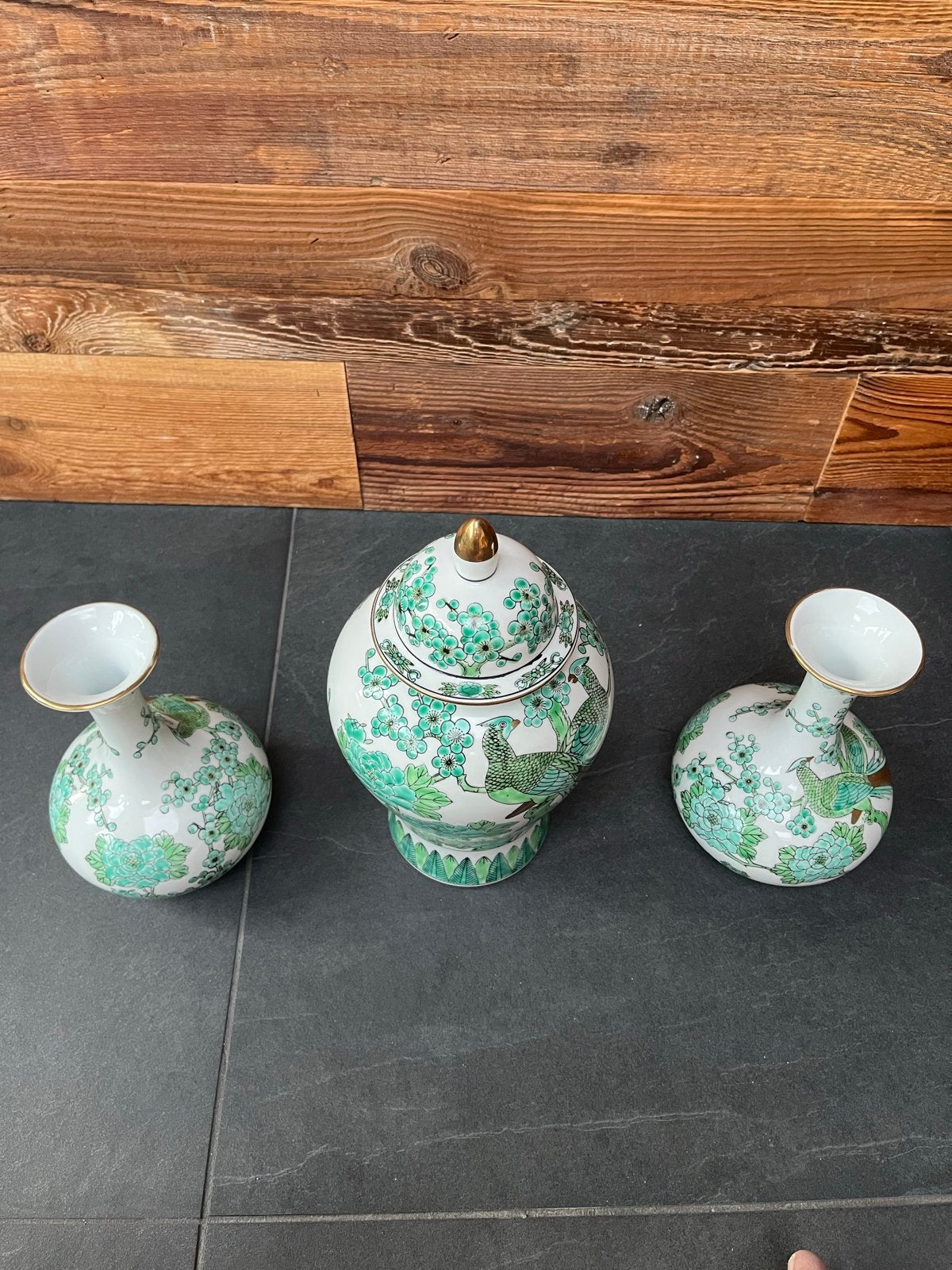Set van 3 Chinese vazen met deksel - Groen en Wit, Ophalen