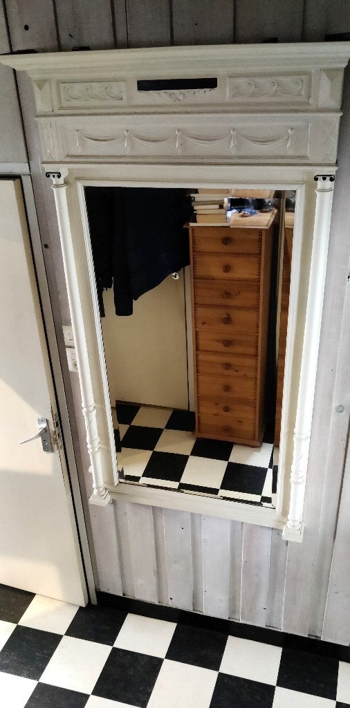 Zeer grote antieke schouw of hal spiegel in houten lijst, Ophalen, Overige vormen, 50 tot 100 cm, 150 tot 200 cm