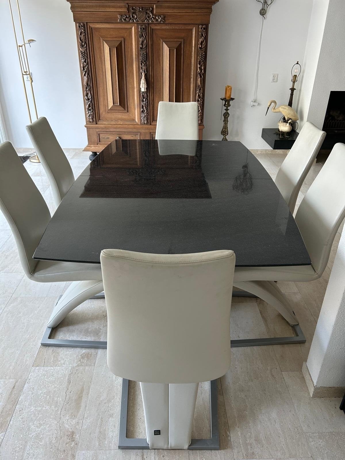 Elegante eettafel met 6 stoelen - Zwart graniet & wit leer, Huis en Inrichting, Ophalen, Overige materialen, 100 tot 150 cm, Zo goed als nieuw