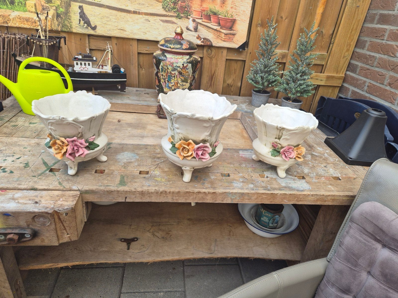 Set van 3 vintage bloempotten met rozen decoratie, Ophalen