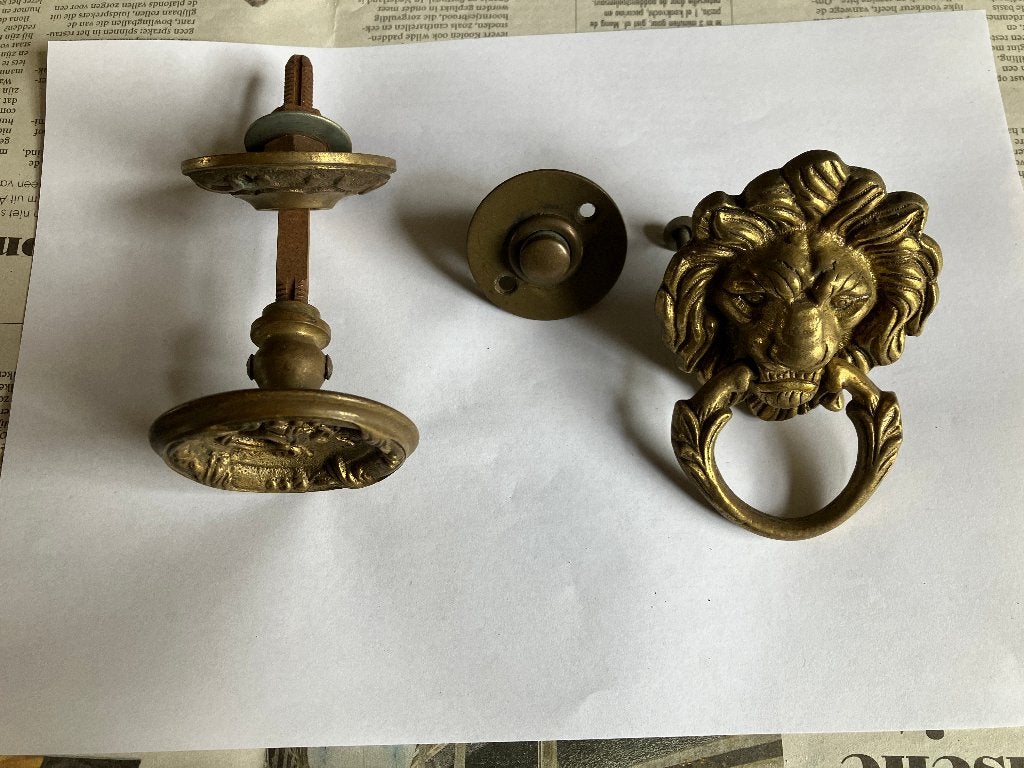 antiek koper messing knop klopper en deurbel, Ophalen of Verzenden