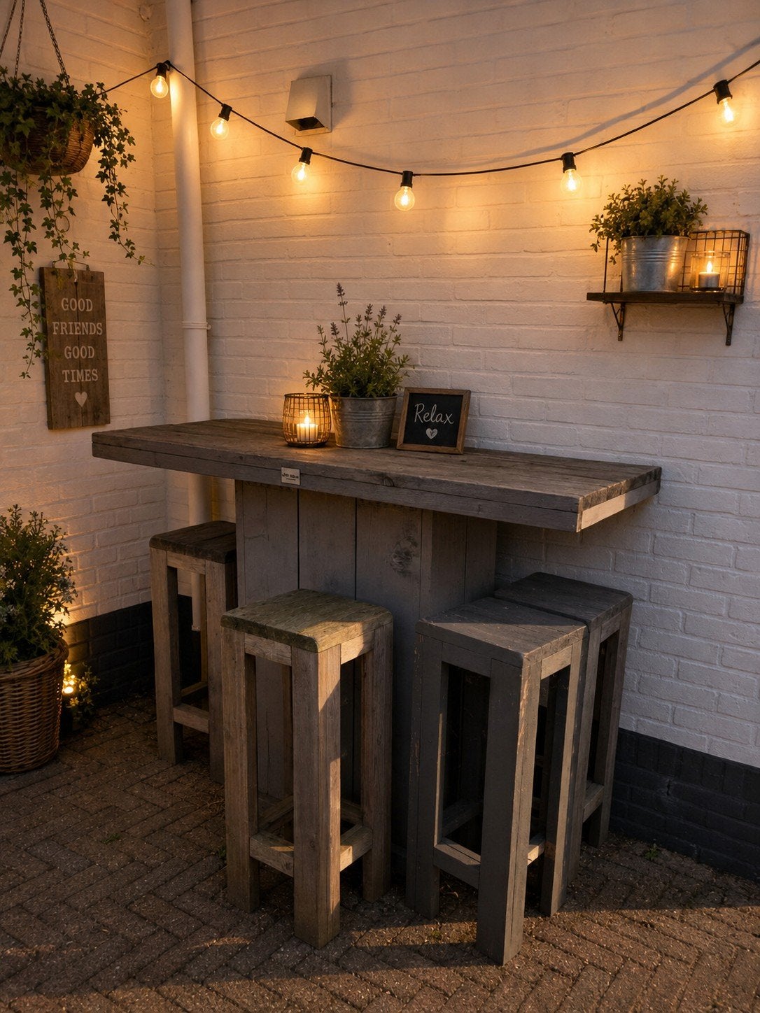 KOOPJE! Houten bartafel met krukken voor buiten, Ophalen, Gebruikt, Hout