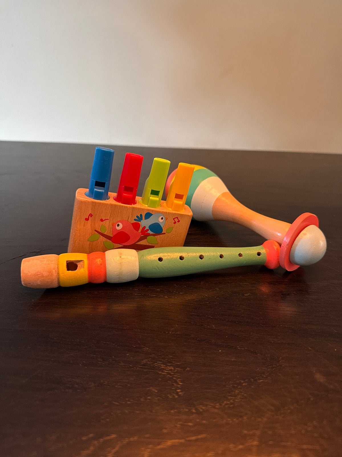 Houten Muziekinstrumenten Set: Fluit, Rammelaar, Vogel, Kinderen en Baby's, Ophalen of Verzenden, Gebruikt, Overige typen, Met geluid