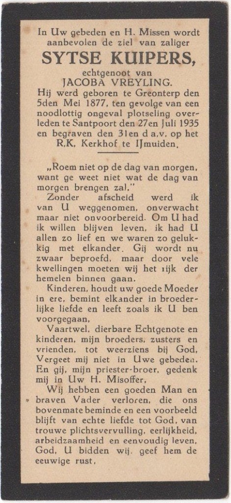 Sytse Kuipers 1877 Greonterp + 1935 Santpoort, 58 jaar, Ophalen of Verzenden