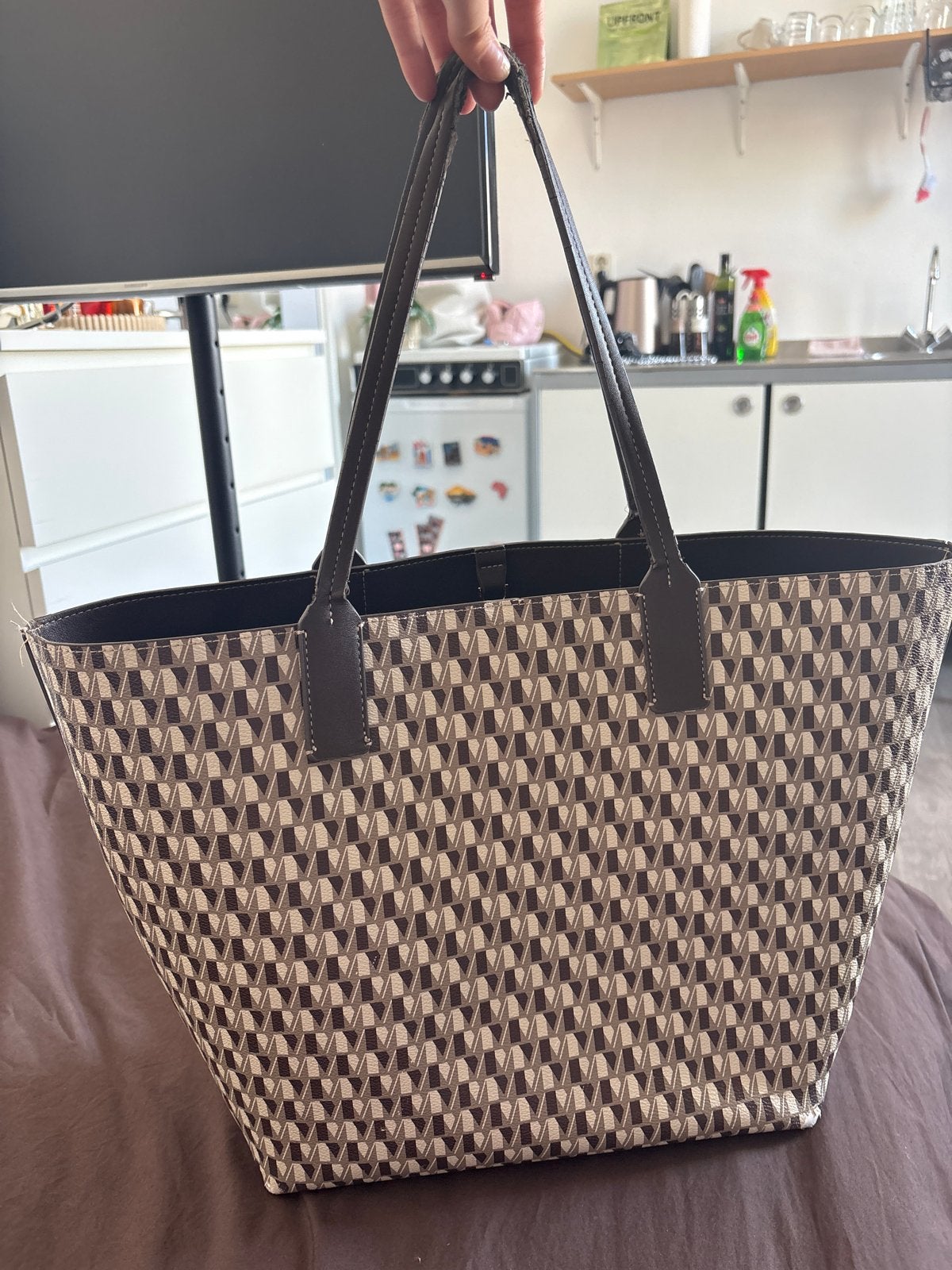Mango stijlvolle shopper tas met geometrisch patroon, Ophalen of Verzenden, Gebruikt, Bruin, Shopper