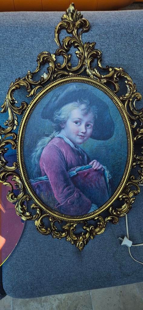 Vintage Prent Jongen met Hoed in Ovale Gouden Lijst, Antiek en Kunst, Kunst | Schilderijen | Klassiek, Ophalen of Verzenden