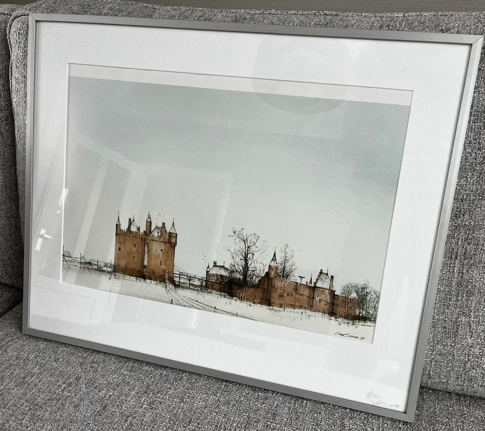 Kasteel winterlandschap - Aquarel van Ciano Siewert - ‘87, Achter glas, Realistisch, Ophalen of Verzenden, Aquarel