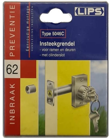 LIPS Insteekgrendel 5046B met cilindersleutel NIEUW, Doe-het-zelf en Verbouw, Ophalen of Verzenden, Nieuw, Rvs, Slot