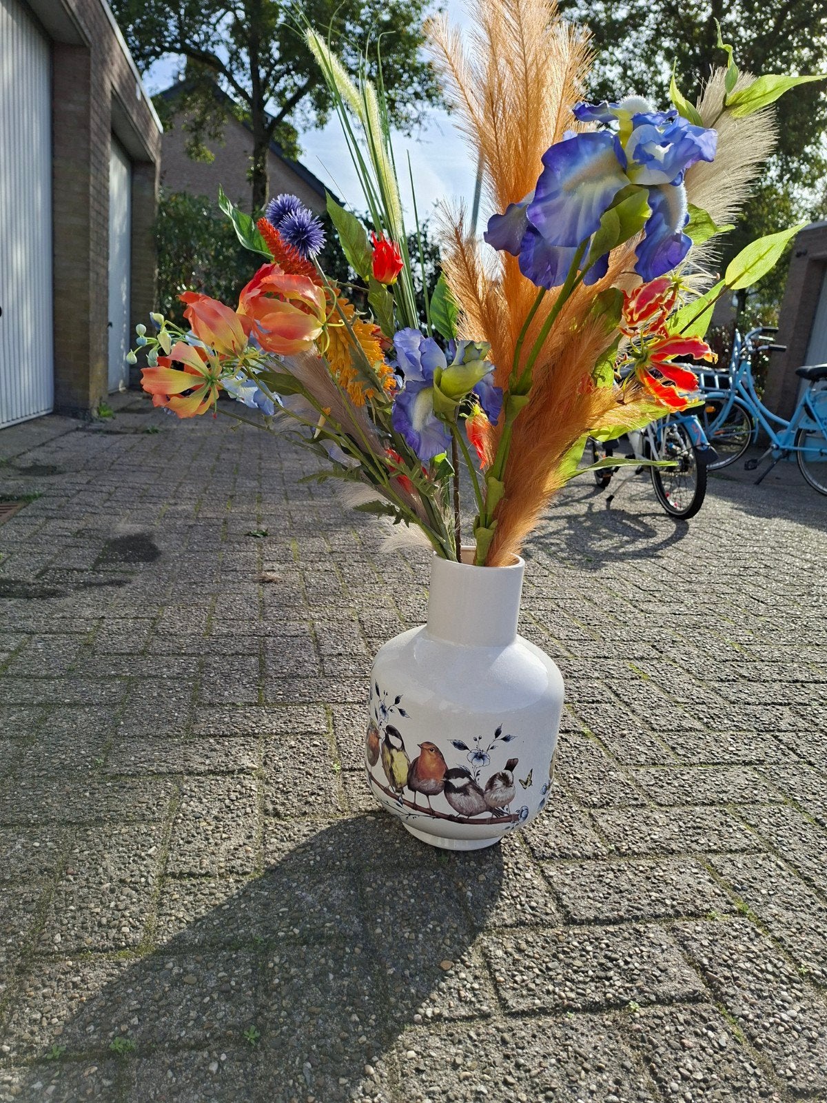 Heijnen Delftsblauw. bolvaas met Bosvogels incl boeket, Ophalen, Zo goed als nieuw