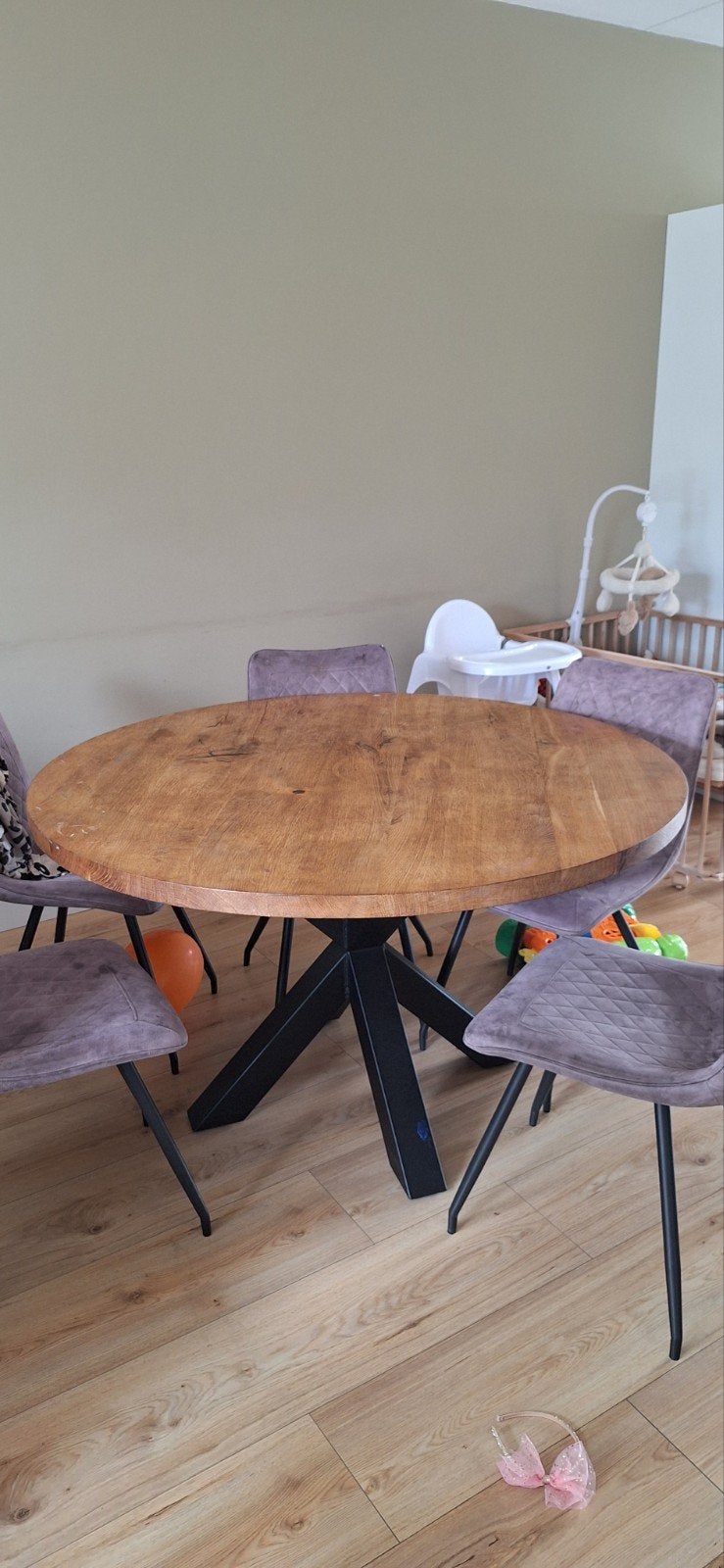 Ronde houten eettafel, industriële look, Ophalen, Gebruikt, 100 tot 150 cm, Rond