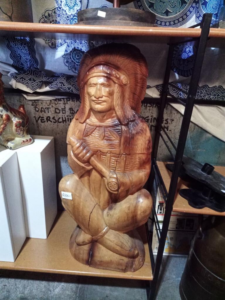 Uniek Houten Beeld Indiaan - Handgesneden Decoratie, Antiek en Kunst, Kunst | Beelden en Houtsnijwerken, Ophalen