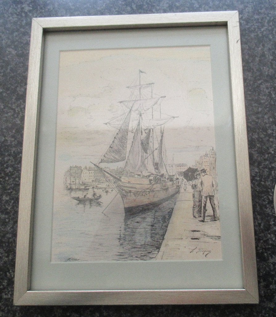 OUDE FRANSE PRENT- ZEILBOTEN/ HAVEN -DIAQUE, 25 cm, Ets, Landschap, 20 cm