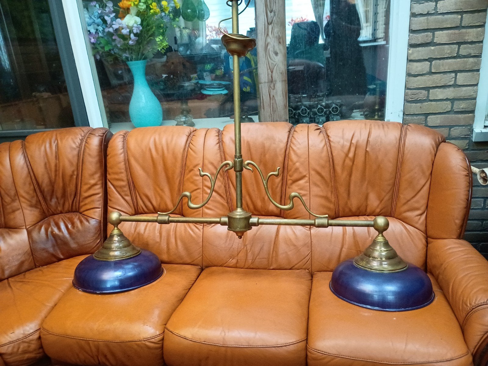 Vintage Biljartlamp - Messing met Blauwe Kappen, Antiek en Kunst, Ophalen