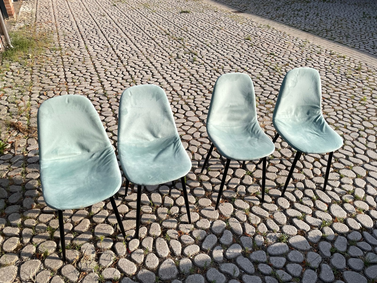 Set van 4 mintgroene fluwelen stoelen, Ophalen, Gebruikt, Overige kleuren, Metaal