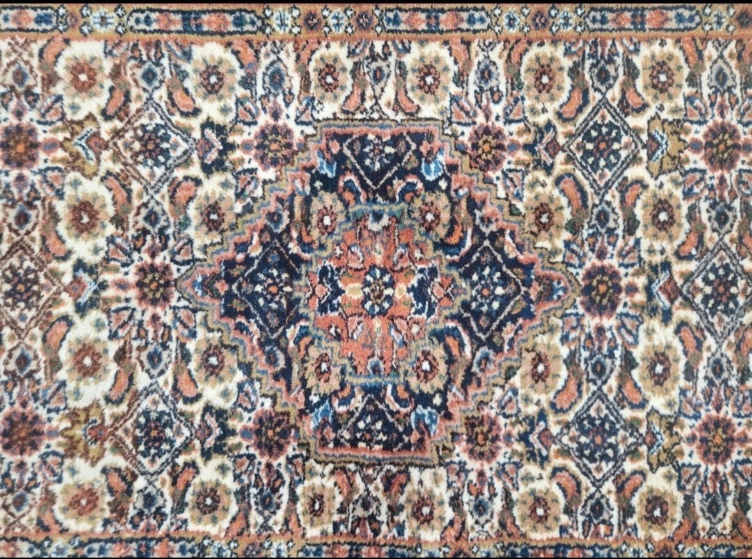 Handmade Persian wool Moud carpet runner blue India 81x310cm, Crème, Gebruikt, ., 200 cm of meer
