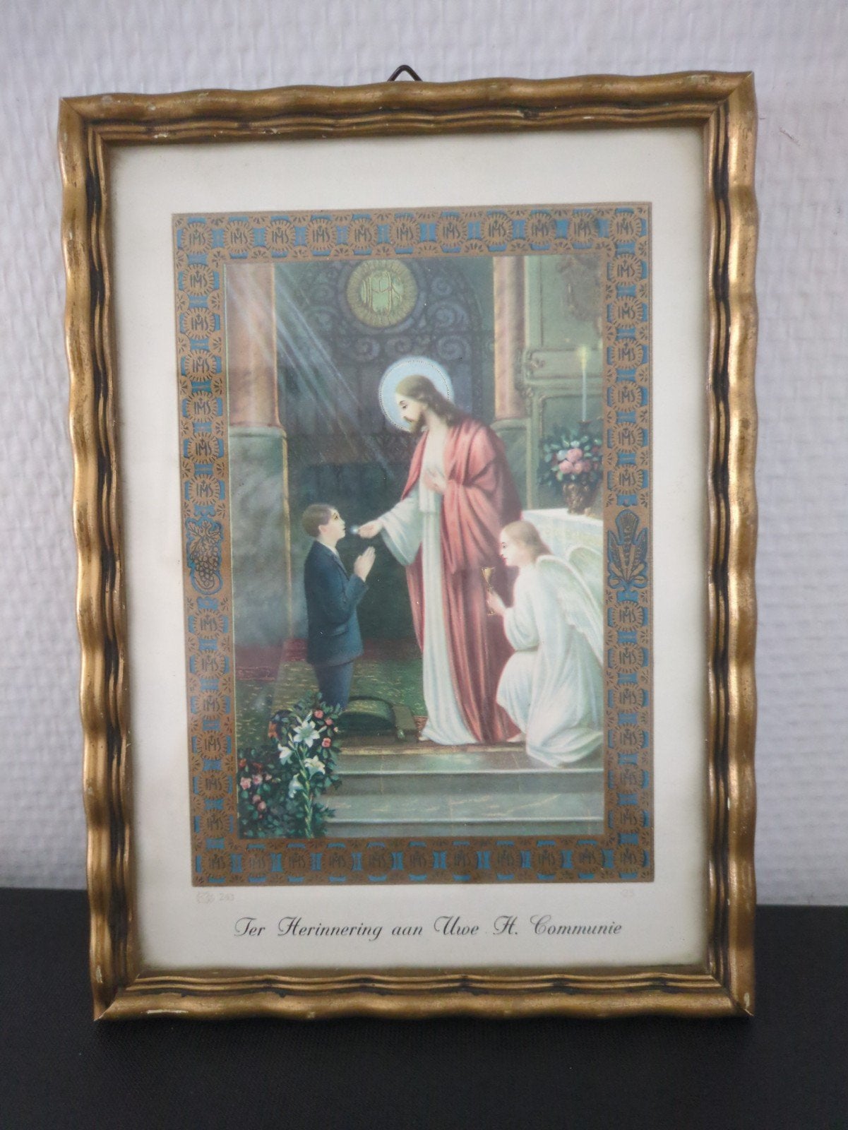 Ingelijste H. Communie prent, Minder dan 50 cm, Gebruikt, Ophalen of Verzenden, Print