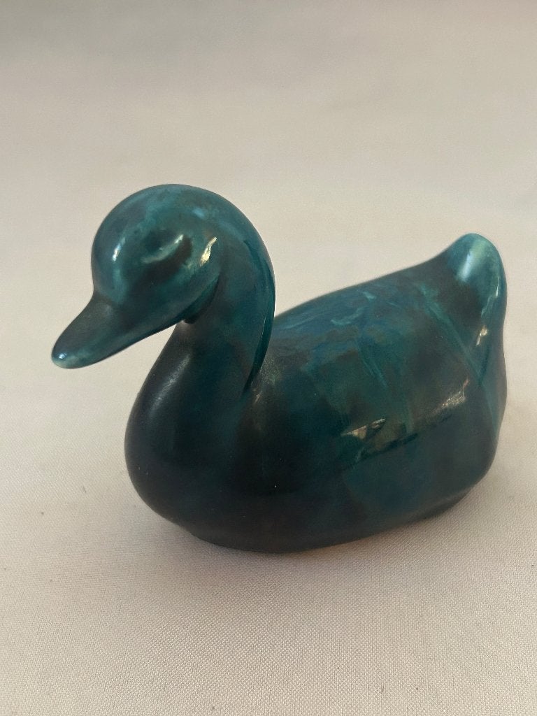 Blauwgroen keramiek eendje vintage decoratiebeeldje, Ophalen of Verzenden