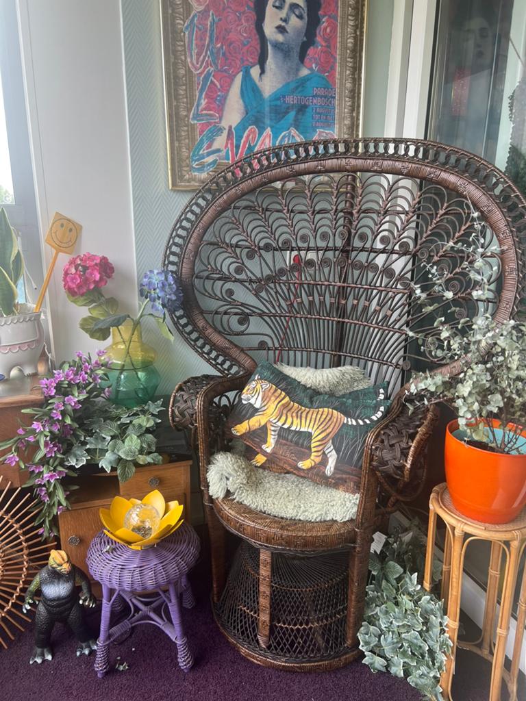XXL Vintage Pauwenstoel Rotan riet - Unieke Blikvanger, Ophalen, Gebruikt, Bruin, Riet of Rotan