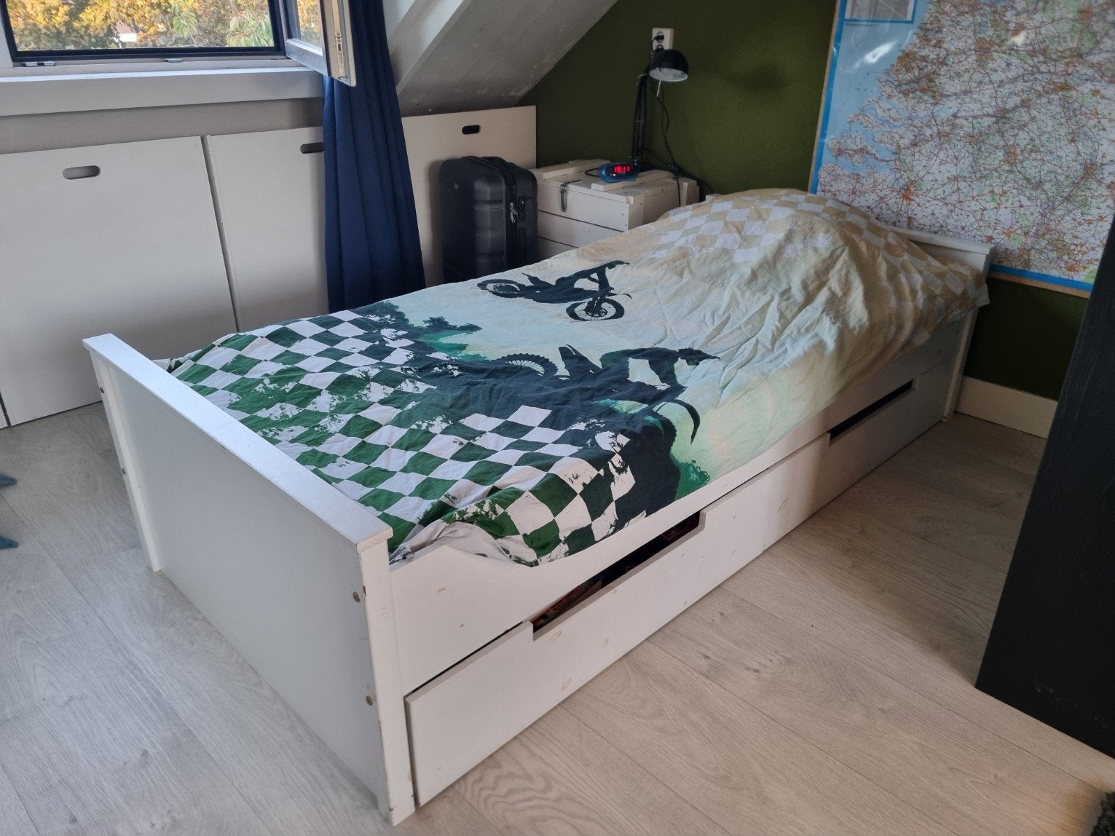 Eenpersoonsbed met lattenbodem, matras en 2 lades, Ophalen, Gebruikt, 90 cm, Eenpersoons