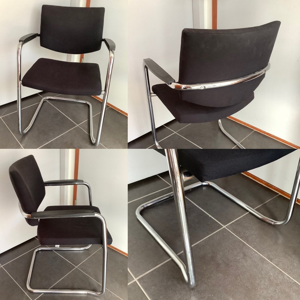 Vergadertstoel chroom buis frame slede zwart stof stoel, Ophalen, Gebruikt, Stof, Zwart