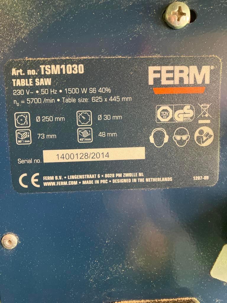 Ferm TSM1030 Tafelzaag - 1500W, 250mm zaagblad, Ophalen, Gebruikt, Cirkelzaag, 70 mm of meer