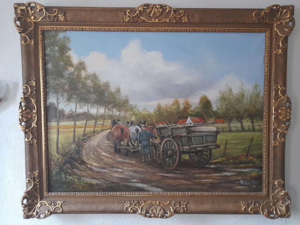 schilderij boer met paarden en kar, Ophalen, Doek, Realistisch, Olieverf
