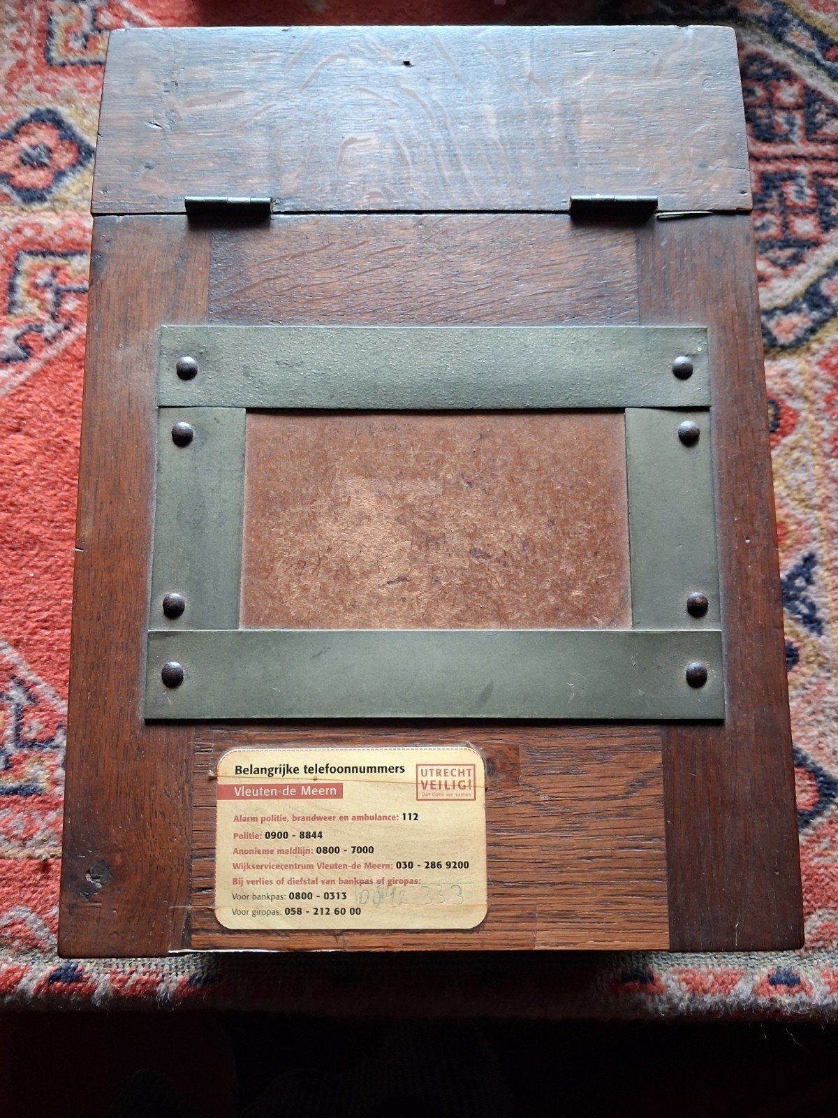 Antieke houten lade met metalen details, Ophalen of Verzenden