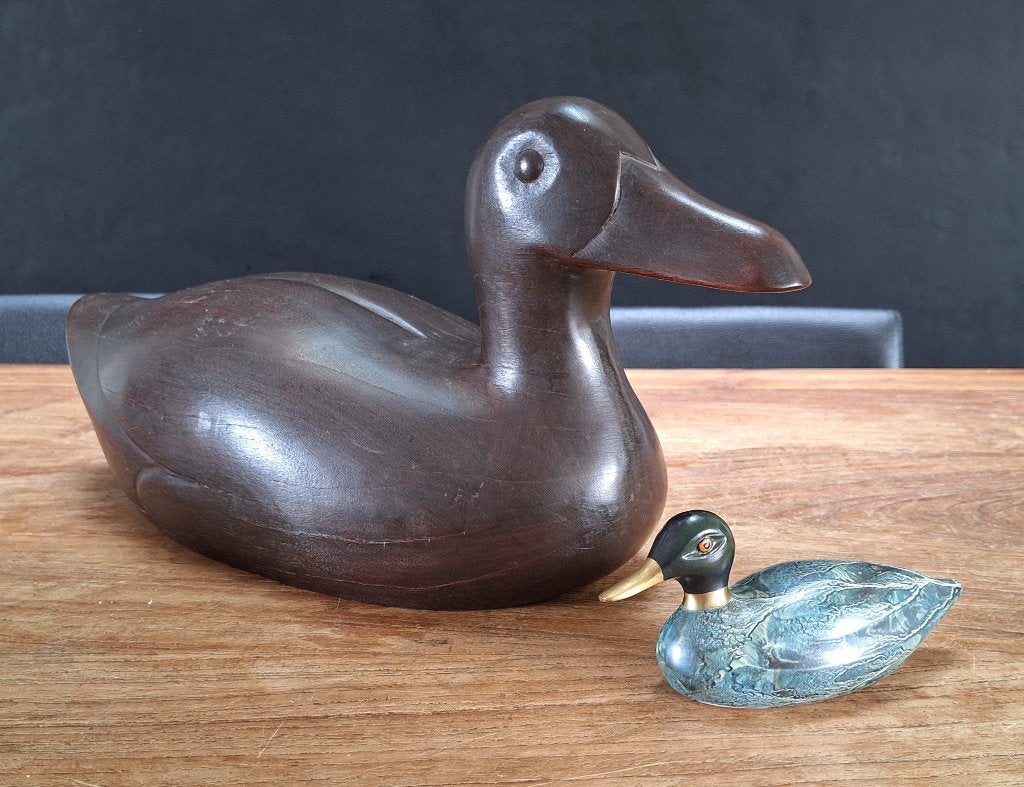 lot 2st vintage houten en messing eend 49 en 17cm lang, Antiek en Kunst, Curiosa en Brocante, Ophalen of Verzenden