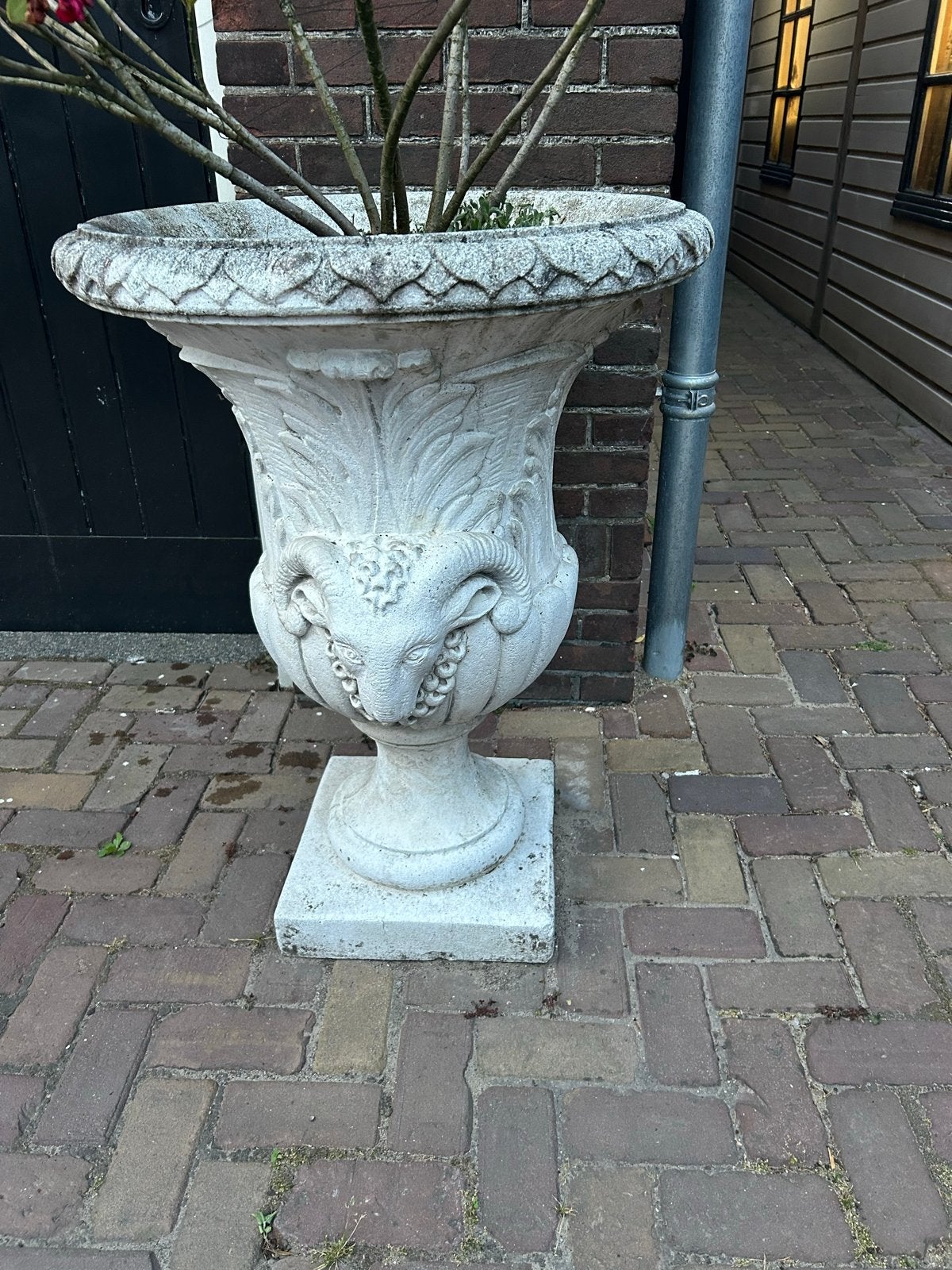 2 Decoratieve stenen plantenbakken met ramshoofden, Tuin en Terras, Ophalen, Gebruikt, Minder dan 60 cm, Overige vormen